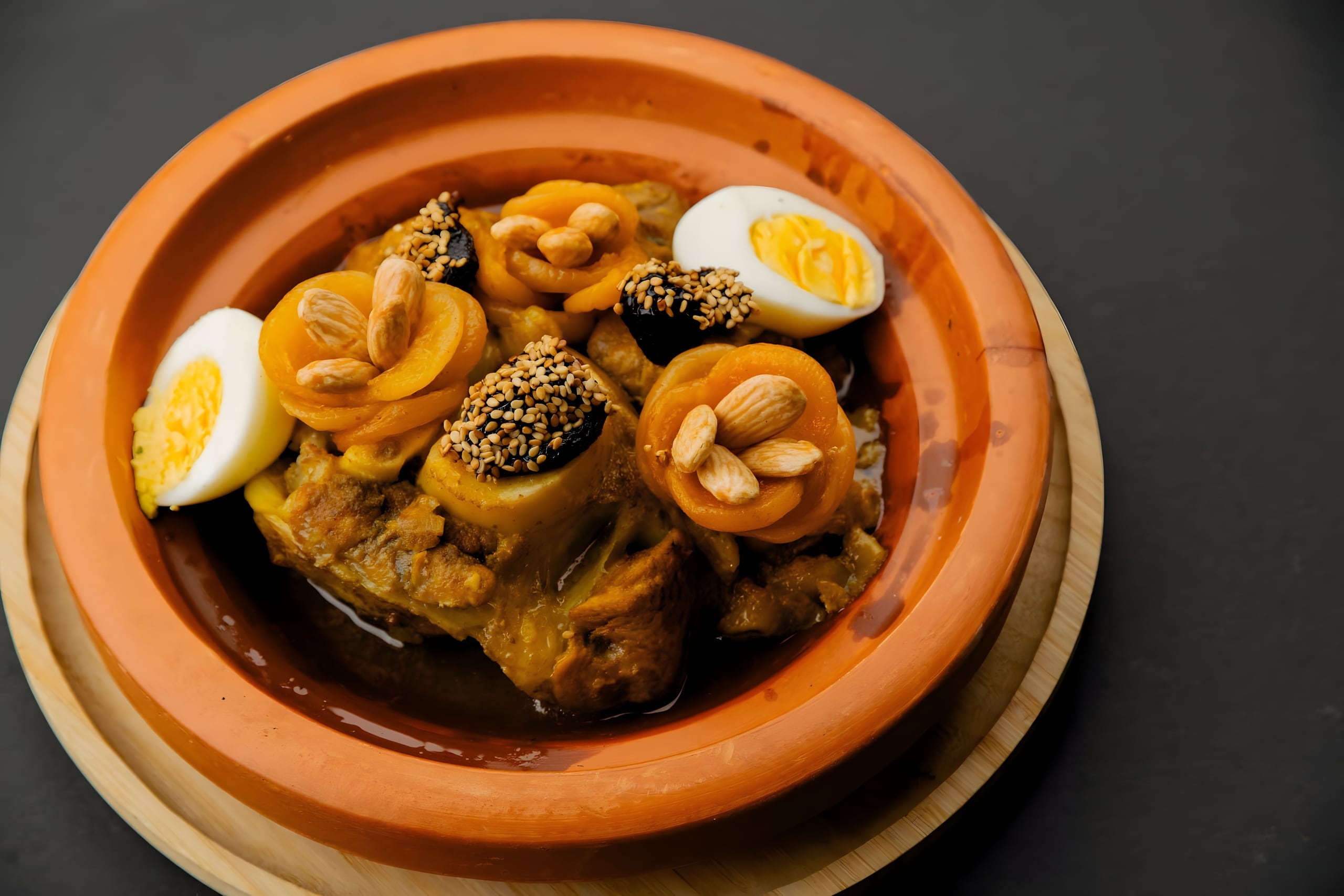 Tajine met kip, gedroogde abrikozen, amandelen, pruimen en gekookt ei in een aardewerken schaal